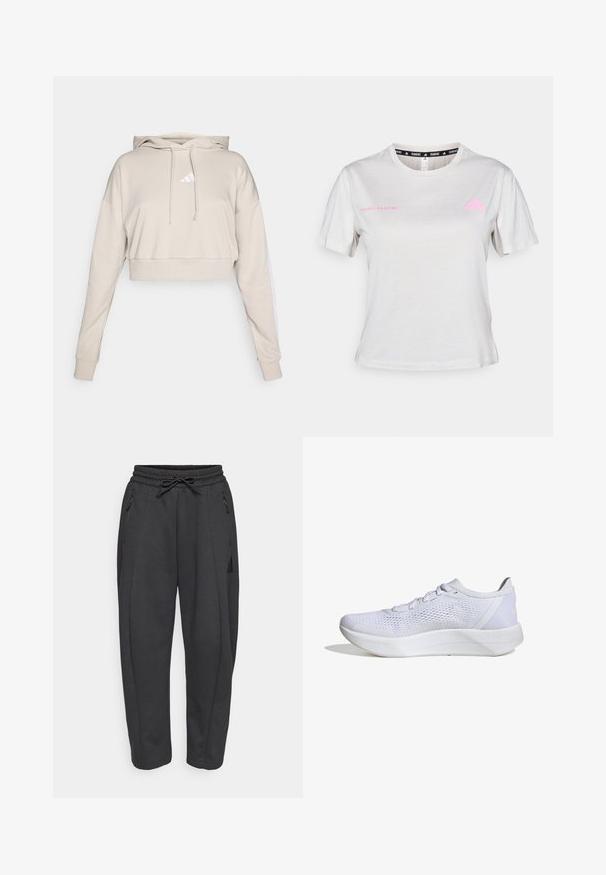 Lichtbeige cropped sweatshirt met een capuchon, voorzien van een wit driehoekig logo en witte zijstrepen. Gemaakt van zacht, textuurstof.; Lichtgrijze T-shirt met korte mouwen, met een ronde hals, "ADIDAS RUNNING" in het roze gedrukt, met het roze Adidas-logo op de borst. Zachte stofstructuur.; Zwarte sportbroeken met een elastische tailleband, trekkoord, zijzakken met rits en taps toelopende benen. Gemaakt van een zachte, gestructureerde stof.; Witte sportieve schoen met een ademend mesh bovenwerk, vetersluiting, gevoerde kraag en een gestructureerde rubberen zool voor grip.