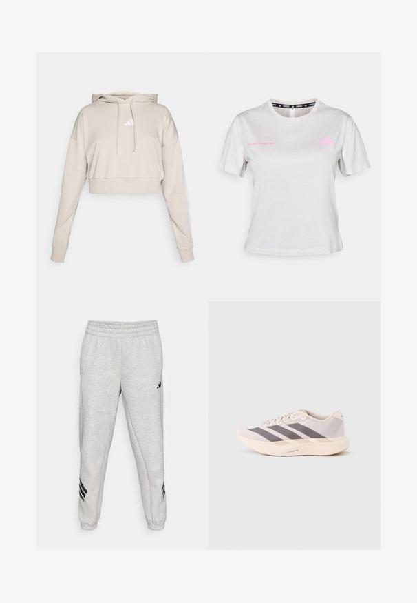 Lichtbeige cropped sweatshirt met een capuchon, voorzien van een wit driehoekig logo en witte zijstrepen. Gemaakt van zacht, textuurstof.; Lichtgrijze T-shirt met korte mouwen, met een ronde hals, "ADIDAS RUNNING" in het roze gedrukt, met het roze Adidas-logo op de borst. Zachte stofstructuur.; Lichtgrijze sweatpants met een geribbelde elastische tailleband, taps toelopende pijpen en drie zwarte diagonale strepen nabij de manchetten. Soepele textuur.; Lichtgewicht sportieve sneakers in lichtroze en grijs, met een bovenwerk van mesh, drie donkere strepen, en een dikke crèmekleurige zool met het opschrift "LIGHTSTRIKE PRO".
