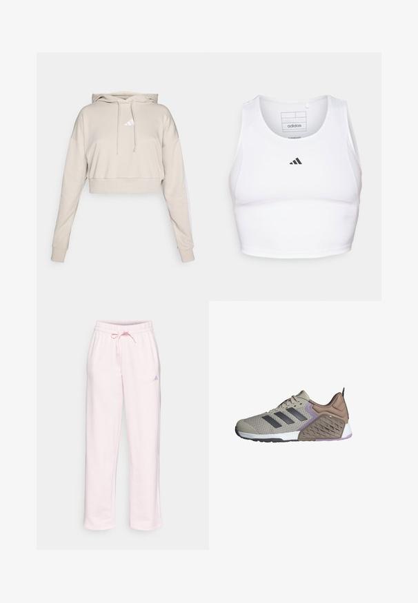 Sweatshirt court beige clair avec capuche, doté d'un logo triangulaire blanc et de bandes latérales blanches. Fabriqué en tissu doux et texturé.; Crop top de sport blanc en tissu léger et respirant. Présente des panneaux latéraux en mesh et un logo noir brodé sur la poitrine.; Pantalons de jogging rose clair en tissu doux, dotés d'une taille élastique avec cordon de serrage, de jambes droites et d'un petit logo Adidas sur le côté.; Baskets de sport beiges avec des accents gris, dessus en maille texturée, col rembourré, et semelle à double densité avec un design à motifs et des détails violets.