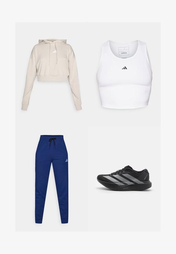 Lichtbeige cropped sweatshirt met een capuchon, voorzien van een wit driehoekig logo en witte zijstrepen. Gemaakt van zacht, textuurstof.; Witte sportieve crop top gemaakt van lichte, ademende stof. Beschikt over mesh zijkanten en een zwart geborduurd logo op de borst.; Blauwe katoenen joggers met een elastische tailleband, een verstelbare zwarte trekkoord en een klein wit logo op de linker dij. Aansluitend ontwerp.; Zwarte hardloopschoen met zilveren strepen, dikke gedempte zool met het label "Lightstrike Pro," zijaanzicht op witte achtergrond.
