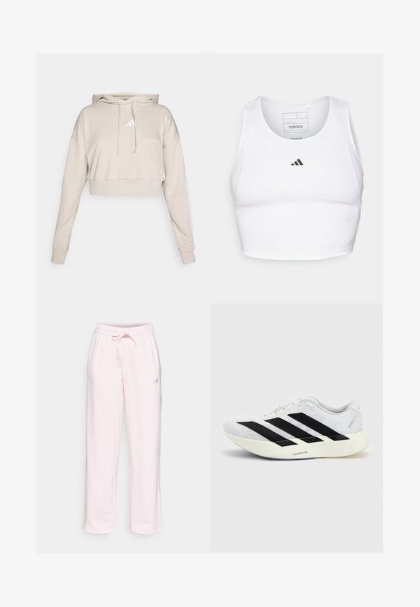 Hellbeige, kurz geschnittenes Sweatshirt mit Kapuze, das ein weißes, dreieckiges Logo und weiße Seitenstreifen aufweist. Hergestellt aus weichem, strukturiertem Stoff.; Weißes sportliches Crop-Top aus leichtem, atmungsaktivem Material. Mit Mesh-Seitenpanelen und schwarzem, gesticktem Logo auf der Brust.; Helle rosa Sweatpants aus weichem Stoff, mit einem elastischen Bund und Kordelzug, geraden Beinen und einem kleinen Adidas-Logo an der Seite.; Weißer Laufschuh mit schwarzem Drei-Streifen-Design an der Seite und dicker weißer Sohle mit der Aufschrift "Lightstrike Pro" auf einfarbigem Hintergrund.