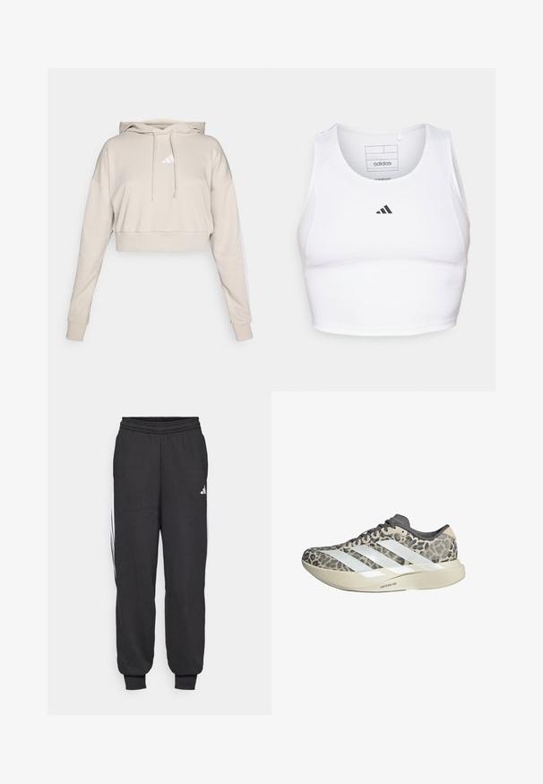 Hellbeige, kurz geschnittenes Sweatshirt mit Kapuze, das ein weißes, dreieckiges Logo und weiße Seitenstreifen aufweist. Hergestellt aus weichem, strukturiertem Stoff.; Weißes sportliches Crop-Top aus leichtem, atmungsaktivem Material. Mit Mesh-Seitenpanelen und schwarzem, gesticktem Logo auf der Brust.; Schwarze Sporthosen mit einem elastischen Bund, schmal zulaufenden Knöcheln und weißen Seitenstreifen. Hergestellt aus weichem Stoff mit einer glatten Textur.; Graue und beige Laufschuhe mit Leopardenmuster, weißen Akzenten und strukturiertem Obermaterial. Verfügt über eine weiche Zwischensohle mit der Bezeichnung "LIGHTSTRIKE PRO".