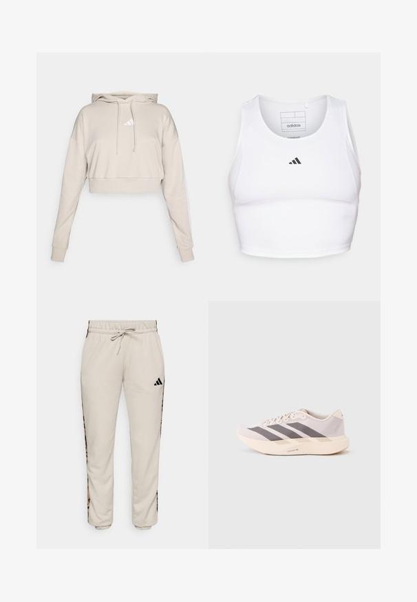 Lys beige cropped sweatshirt med hætte, med et hvidt trekantet logo og hvide side striber. Lavet af blødt, tekstureret stof.; Hvid atletisk crop top lavet af letvægts, åndbart stof. Har mesh-sider og sort broderet logo på brystet.; Lys beige sweatpants lavet af blødt stof, med en snøre i taljen og sorte sideløbere med et leopardmønster.; Letvægts atletiksneakers i lyserød og grå, med en mesh-overdel, tre mørke striber og en tyk cremefarvet sål mærket "LIGHTSTRIKE PRO."