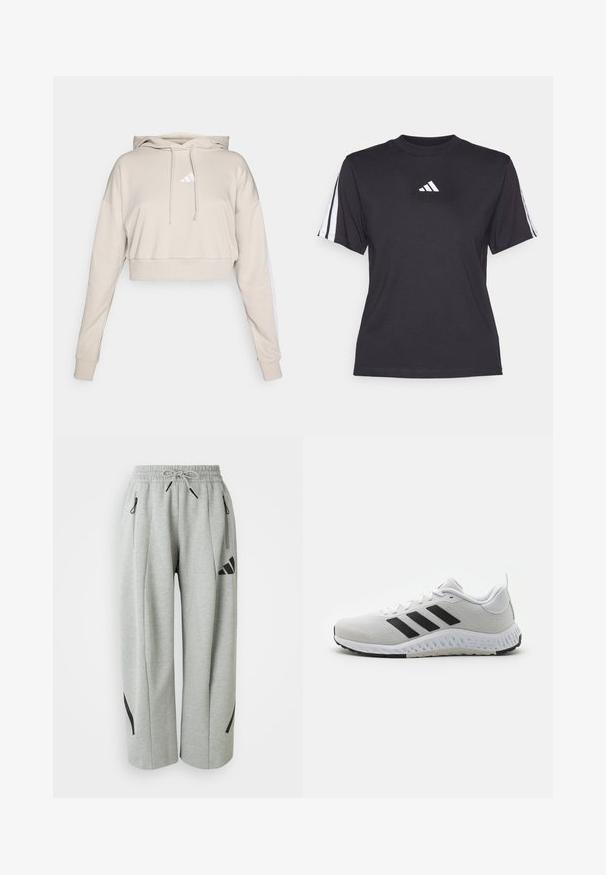 Lys beige cropped sweatshirt med hætte, med et hvidt trekantet logo og hvide side striber. Lavet af blødt, tekstureret stof.; Sort atletisk T-shirt lavet af blødt stof, med rund halsudskæring, korte ærmer og tre hvide striber på hver skulder. Hvidt logo på brystet.; Lys grå sweatpants lavet af blødt stof med elastisk talje, snor og sorte detaljer på lommer og sider.; Hvide atletiksko med sorte striber, mesh-overdel, gummisål og teksturerede detaljer. Har en afrundet tå og polstret krave.