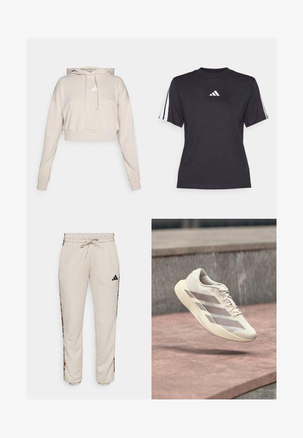 Lichtbeige cropped sweatshirt met een capuchon, voorzien van een wit driehoekig logo en witte zijstrepen. Gemaakt van zacht, textuurstof.; Zwarte sport T-shirt van zacht materiaal, met een ronde hals, korte mouwen en drie witte strepen op elke schouder. Witte logo op de borst.; Lichtbeige sweatpants van zacht materiaal, met een trekkoord in de taille en zwarte zijpanelen met een luipaardpatroon.; Roomkleurige hardloopschoen met taupekleurige strepen, zwevend boven een roodbruine betegelde ondergrond en een grijze stenen achtergrond.