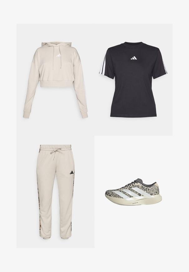 Hellbeige, kurz geschnittenes Sweatshirt mit Kapuze, das ein weißes, dreieckiges Logo und weiße Seitenstreifen aufweist. Hergestellt aus weichem, strukturiertem Stoff.; Schwarzes Sport-T-Shirt aus weichem Material, mit Rundhalsausschnitt, kurzen Ärmeln und drei weißen Streifen auf jeder Schulter. Weißes Logo auf der Brust.; Hellbeige Sweatpants aus weichem Stoff, mit einem verstellbaren Bund und schwarzen Seitenpaneelen mit einem Leopardenmuster.; Graue und beige Laufschuhe mit Leopardenmuster, weißen Akzenten und strukturiertem Obermaterial. Verfügt über eine weiche Zwischensohle mit der Bezeichnung "LIGHTSTRIKE PRO".