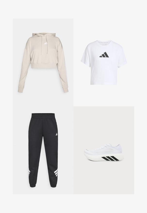 Lys beige cropped sweatshirt med hætte, med et hvidt trekantet logo og hvide side striber. Lavet af blødt, tekstureret stof.; Hvid cropped t-shirt lavet af bomuld med et sort tre-stribet logo på forsiden, med korte ærmer og rund halsudskæring.; Sorte sweatpants med elastisk talje, tapered ben og hvidt tre-stribedesign på siderne. Lavet af blødt stof.; Hvid atletiksko med tyk sål, sorte diagonale striber på mellemsålen, mesh overdel og snørebånd, vist fra siden mod en ensfarvet baggrund.