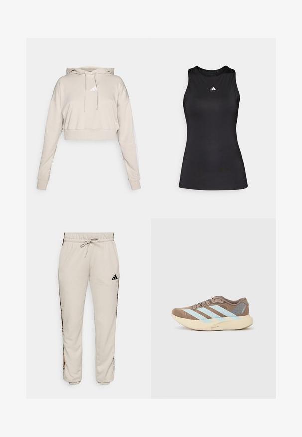 Lys beige cropped sweatshirt med hætte, med et hvidt trekantet logo og hvide side striber. Lavet af blødt, tekstureret stof.; Sort ærmeløs atletisk top lavet af glat stof. Har en rund halsudskæring og et lille hvidt Adidas-logo på brystet.; Lys beige sweatpants lavet af blødt stof, med en snøre i taljen og sorte sideløbere med et leopardmønster.; Brun sportssko med lyseblå striber, overdelen i mesh, rundet tå og en cremefarvet let sål med grå accentdetaljer.