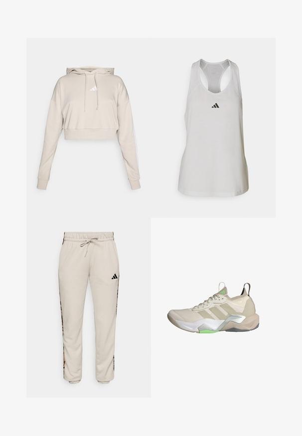 Hellbeige, kurz geschnittenes Sweatshirt mit Kapuze, das ein weißes, dreieckiges Logo und weiße Seitenstreifen aufweist. Hergestellt aus weichem, strukturiertem Stoff.; Weißes Sport-Top aus leichtem Stoff mit Racerback-Design und kleinem schwarzem Logo auf der Brust.; Hellbeige Sweatpants aus weichem Stoff, mit einem verstellbaren Bund und schwarzen Seitenpaneelen mit einem Leopardenmuster.; Beige Sportsschuh mit Mesh-Obermaterial, drei weißen Streifen, grünen Akzenten und strukturiertem Sohle. Verfügt über einen Zuglasche an der Ferse und eine leichte Polsterung.
