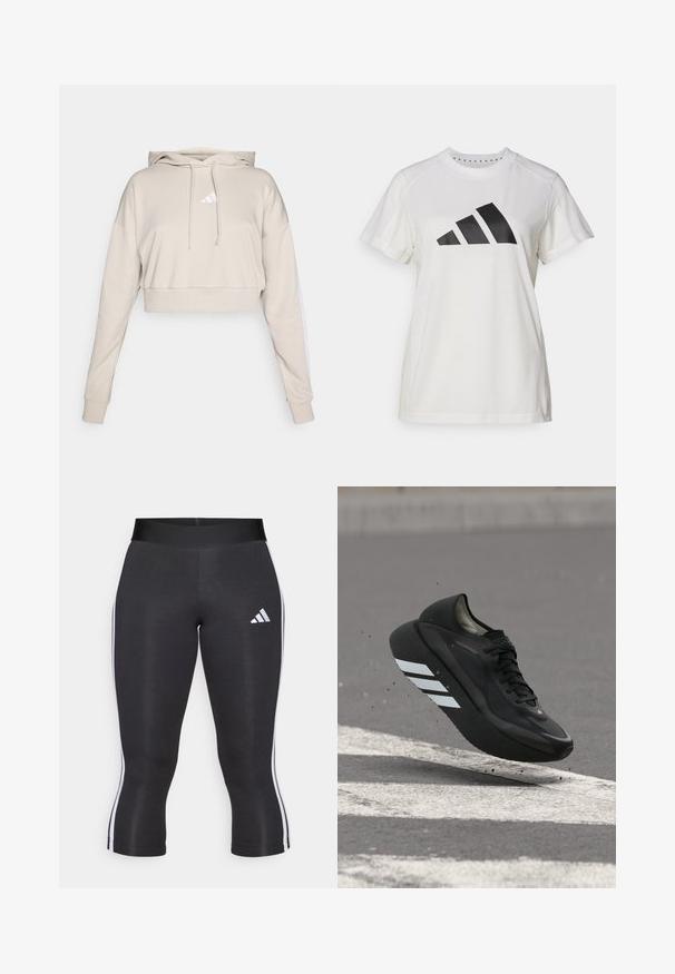 Sudadera cropped de color beige claro con capucha, que presenta un logo triangular blanco y franjas laterales blancas. Fabricada en un tejido suave y texturizado.; Camiseta atlética blanca de tejido suave. Presenta mangas cortas y un gran logotipo negro de Adidas con tres rayas debajo.; Leggings capri negros con una cinturilla ancha, que cuentan con franjas laterales blancas y un logo de Adidas en blanco en el muslo izquierdo. Textura suave.; Zapatilla de correr negra con rayas blancas en la suela, suspendida sobre el asfalto con señalizaciones viales blancas, levantando pequeños escombros.