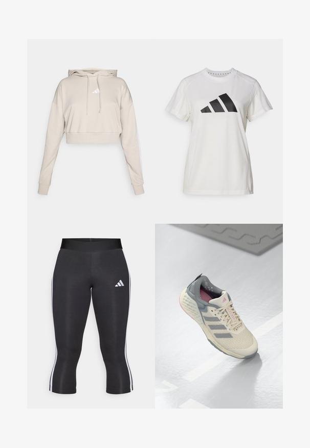 Sudadera cropped de color beige claro con capucha, que presenta un logo triangular blanco y franjas laterales blancas. Fabricada en un tejido suave y texturizado.; Camiseta atlética blanca de tejido suave. Presenta mangas cortas y un gran logotipo negro de Adidas con tres rayas debajo.; Leggings capri negros con una cinturilla ancha, que cuentan con franjas laterales blancas y un logo de Adidas en blanco en el muslo izquierdo. Textura suave.; Zapatilla deportiva beige con acentos grises, parte superior de malla y suela texturizada. Cuenta con tres rayas grises y detalles interiores en rosa.