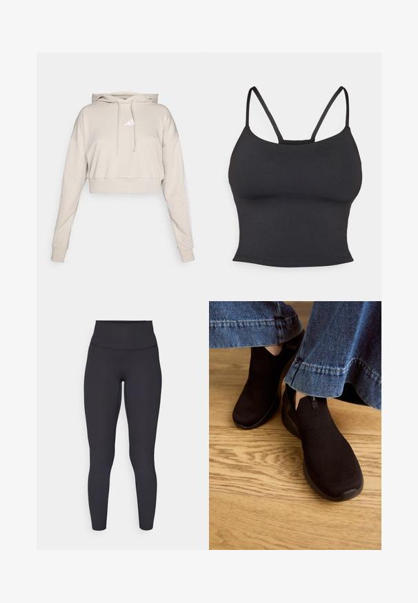 Lys beige cropped sweatshirt med hætte, med et hvidt trekantet logo og hvide side striber. Lavet af blødt, tekstureret stof.; Sort tætsiddende camisole lavet af glat stof, med tynde stropper og rund halsudskæring, uden yderligere mønstre eller accenter.; HøjTaljede sorte leggings med ribbet tekstur, tætsiddende design og sømløs syning, velegnet til aktuel brug eller afslappet brug.; Sorte slip-on sko med en tekstureret strikoverdel og elastisk åbning. Rund tåform og lavprofil polstret sål, båret med denimkant.