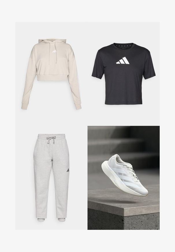 Sudadera cropped de color beige claro con capucha, que presenta un logo triangular blanco y franjas laterales blancas. Fabricada en un tejido suave y texturizado.; Camiseta negra cropped de tejido suave, presenta un logo blanco de Adidas en el pecho, cuello redondo y mangas cortas.; Pantalones de chándal gris claro con cintura elástica y cordón. Tobillos ajustados. Detalle de logo negro en la pierna izquierda. Material de algodón suave.; Zapato deportivo blanco con parte superior texturizada, tres rayas laterales, suela acolchada y puntera redondeada, posicionado sobre una superficie de hormigón.