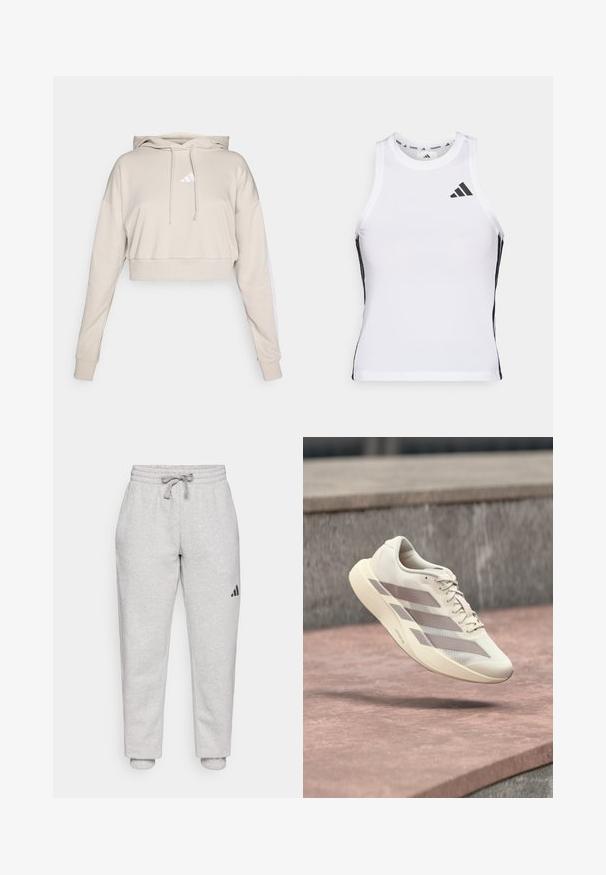 Hellbeige, kurz geschnittenes Sweatshirt mit Kapuze, das ein weißes, dreieckiges Logo und weiße Seitenstreifen aufweist. Hergestellt aus weichem, strukturiertem Stoff.; Weißes sportliches Tanktop mit schwarzen Seitenakzenten und Logo. Verfügt über einen rund ausgeschnittenen Halsausschnitt und eine figurbetonte Passform, hergestellt aus leichtem, atmungsaktivem Material.; Helle graue Sweatpants mit elastischem Bund und Kordelzug. Mit Bündchen an den Knöcheln. Schwarzes Logodetail am linken Bein. Aus weichem Baumwollmaterial.; Cremefarbener Laufschuh mit taupefarbenen Streifen, der über einer rötlich-braunen gefliesten Oberfläche und einem grauen Stein-Hintergrund schwebt.