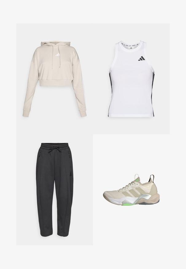 Lys beige cropped sweatshirt med hætte, med et hvidt trekantet logo og hvide side striber. Lavet af blødt, tekstureret stof.; Hvid athletic tanktop med sorte sideaccentuer og logo. Har en scoop-neckline og tætsiddende design, lavet af letvægts, åndbart materiale.; Sorte træningsbukser med elastisk talje, snor, sidelommer med lynlås og tapered ben. Fremstillet af et blødt, struktureret stof.; Beige atletiske sko med mesh-overdel, tre hvide striber, grønne accenter og tekstureret sål. Funktioner en pull-tab på hælen og let polstring.