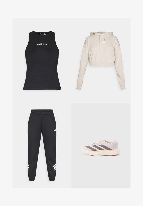 Lichtbeige cropped sweatshirt met een capuchon, voorzien van een wit driehoekig logo en witte zijstrepen. Gemaakt van zacht, textuurstof.; Zwart mouwloos topje van katoen, met een ronde halslijn en wit "adidas" logo gecentreerd op de borst. Gladde textuur, reguliere pasvorm.; Zwarte sweatpants met een elastische tailleband, taps toelopende benen en een wit drie-strepenontwerp aan de zijkanten. Gemaakt van zachte stof.; Lichtgewicht sportieve sneakers in lichtroze en grijs, met een bovenwerk van mesh, drie donkere strepen, en een dikke crèmekleurige zool met het opschrift "LIGHTSTRIKE PRO".