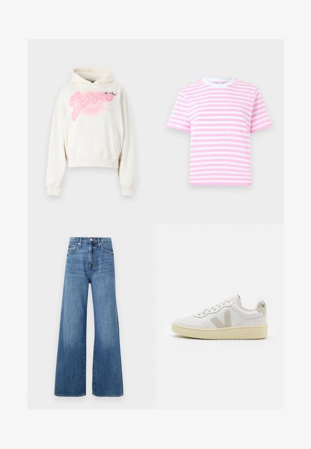 Cremefarvet cropped hoodie lavet af blødt stof. Har et pink grafisk design og en frontlomme. Inkluderer en hætte med snore og ribkantede manchetter.; Kortærmet t-shirt med striber i pink og hvid, med rund halsudskæring og blødt stof. Har vandrette striber i forskellige bredder.; Blå højtaljede vidde jeans med knap- og lynlåslukning, forlommer og diskret fading på stoffet.; Hvide lærreds sneakers med beige ruskindsdetaljer, perforeret tåboks, flade snørebånd og en struktureret cremefarvet sål. Har diskret branding på hælen.