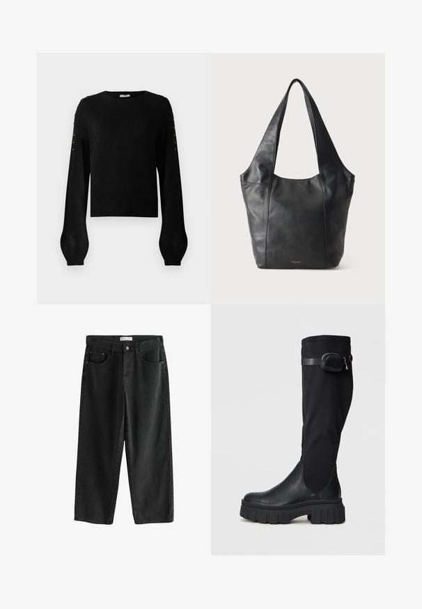 Musthave mustra kootud kampsun lühikese lõikega, ümmarguse kaelusega ja puffvarrukatega, millel on dekoratiivsed nupud õlgade juures.; Mustad laiad denim teksad keskmise kõrgusega vöökoht, millel on kaks eesmist taskut, nööpidega sulgur ja peened õmblusdetailid.; Knees kõrged mustad saapad nahast varba ja tekstiilist varruga, külje tasku, paks rubberist tallaga ja dekoratiivse rihma aktsendiga.; Must nahast õlakott laiade rihmade ja peene kuldse logoga alumisel keskmisel osal, lihtsa hele tausta ees.