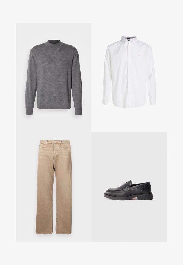 Grå langærmet sweater lavet af strikket materiale, med en høj hals og et subtilt logo på brystet. Glat tekstur og tætsiddende design.; Hvid skjorte med knapper lavet af bomuld. Har en spids krave, lange ærmer og et lille logo på venstre bryst. Glat tekstur.; Beige denimjeans med lige pasform, der har fem lommer, knaplukning og kontrasterende syninger. Glat tekstur og minimal slid.; Sorte læder loafers med en rund tå, en hævet søm og en tyk gummisål. Enkel design med minimal branding på siden.