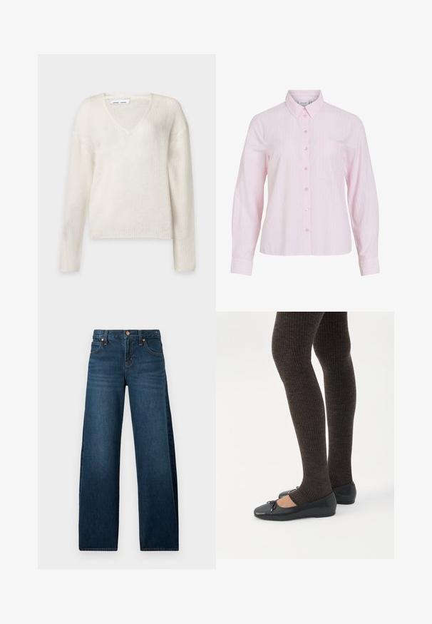 Pull en maille crème à manches longues avec col en V et motif texturé, présenté sur un fond clair uni.; Chemise rose pâle à manches longues avec des rayures blanches verticales, fermeture boutonnée à l'avant, col et poche poitrine gauche. Tissu en coton lisse.; Jean en denim bleu foncé à coupe droite avec cinq poches et rivets en cuivre, présenté sur un fond blanc.; Jambes portant des leggings côtelés foncés associés à des ballerines noires avec de petits détails en nœud sur fond blanc.
