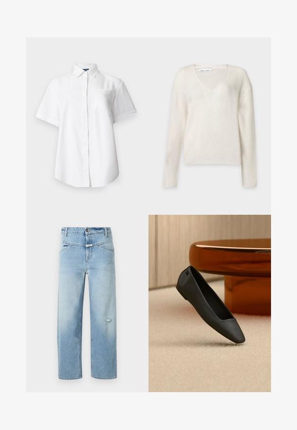 Pull en maille crème à manches longues avec col en V et motif texturé, présenté sur un fond clair uni.; Chemise blanche à manches courtes avec col et poche poitrine, présentée sur un fond clair uni.; Jean en denim bleu clair avec une coupe décontractée, présentant une petite déchirure usée, cinq poches et une fermeture par bouton à la taille.; Chaussure plate noire à bout pointu reposant sur un tapis beige près d'une table ronde de couleur ambre dans un décor minimaliste.