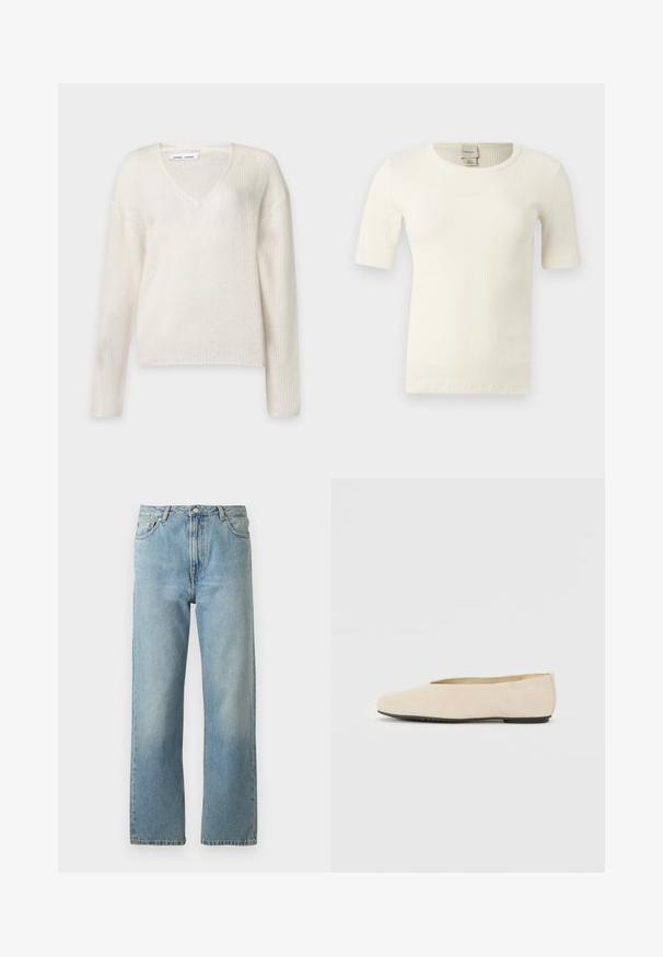 Langærmet, cremefarvet striktrøje med V-hals og tekstureret mønster, vist på en ensfarvet lys baggrund.; Off-white, kortærmet ribstrikket top med rund halsudskæring og Calvin Klein-mærke på indersiden af kraven bagpå.; Lyseblå denimjeans med lige ben, der har en fem-lomme stil og en knaplukning i taljen.; Beige ruskind ballerina med rund tå, flad sål og minimalistisk design. Glat tekstur uden synligt hardware eller udsmykninger.