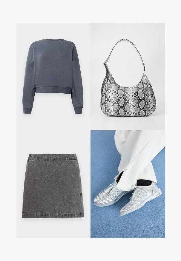 Grå cropped sweatshirt lavet af blødt stof med rund halsudskæring, ribbede manchetter og et svagt teksturmønster foran.; Mørkegrå denim mininederdel med lige snit, elastisk talje og subtile syningsdetaljer på ensfarvet baggrund.; Sølv athletic sko med en glat, skinnende finish, der har et syet design og nummer 90 på siden, parret med hvide bukser.; Sort-hvid slangemønster skuldertaske med en rund form, glat tekstur og en buet rem. Har et sølvfarvet hardware-accents.