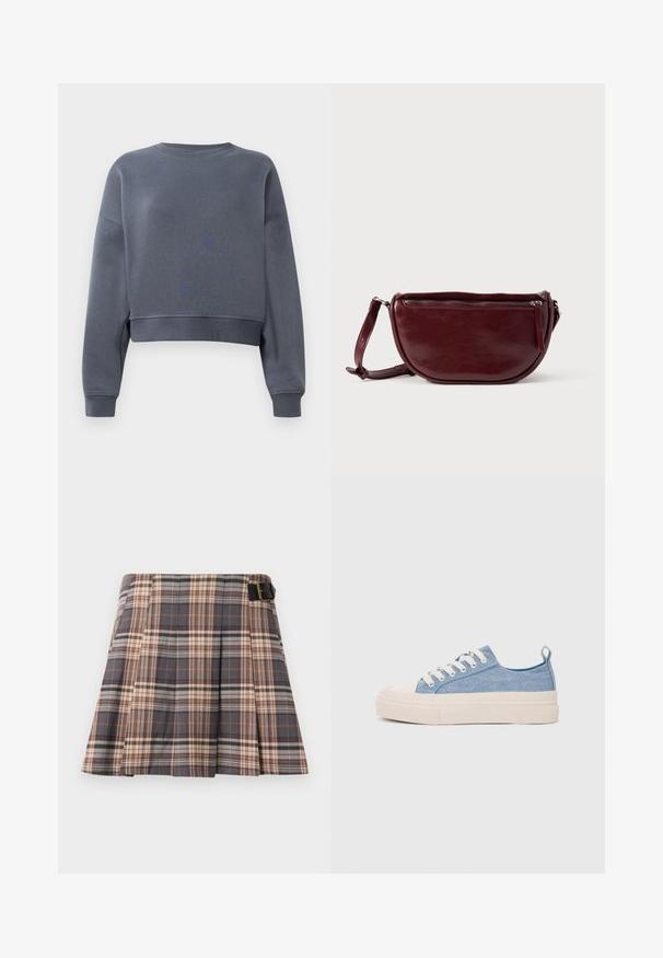 Grå cropped sweatshirt lavet af blødt stof med rund halsudskæring, ribbede manchetter og et svagt teksturmønster foran.; Rutig nederdel i grå, beige og rustfarver; har plisseringer, en spænde detalje og et struktureret design. Fremstillet af et vævet stof.; Lyseblå lærredssneakers med en cremefarvet gummitåhætte og sål, udstyret med hvide snørebånd og en træksløjfe på hælen.; Vinrød læderhåndtaske med halvmåneform, lynlås og aftagelig rem. Glat tekstur med en subtil glans.