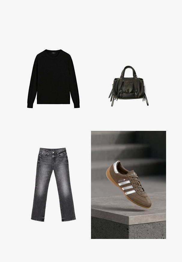 Sort pullover-sweater lavet af blødt strikket stof, med en rund halsudskæring og lange ærmer med ribstrikkede manchetter og kant.; Sorte denim jeans med lige ben, falmet tekstur og fem lommer. Har bæltestropper og lynlås.; Brun ruskindssneaker med hvide striber og sølvdetaljer, med tekstureret overdel, snørelukning og gummisål i caramelfarve.; Sort læderhåndtaske med flettede håndtag, lynlåslomme og hængende frynser. Tekstureret overflade med metalnitter og hardware-accenter.