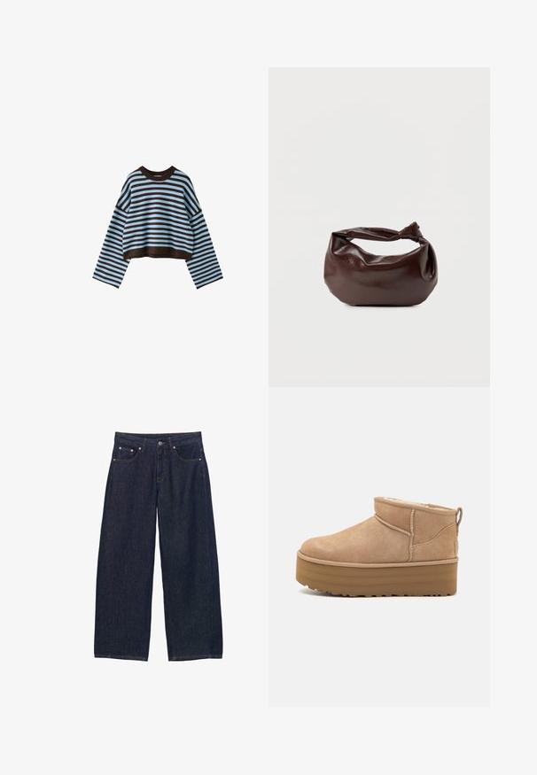 Pull court à manches longues avec rayures horizontales marron et bleu clair et col rond.; Jean en denim bleu foncé à jambes larges avec poches avant, passants pour ceinture et fermeture par bouton à la taille.; Bottines en suede beige avec un intérieur moelleux, dotées d'une semelle compensée et d'une languette à l'arrière pour un enfilage facile. Semelle extérieure en caoutchouc texturé.; Sac bandoulière en cuir marron foncé avec une forme souple et décontractée et une anse nouée torsadée sur un fond blanc uni.