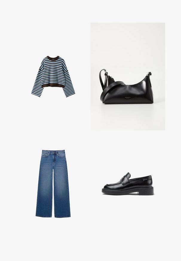 Langærmet cropped sweater med horisontale brune og lyseblå striber og rund halsudskæring.; Vidde-ben denimjeans i en mellemblå vask, med høj talje, fem-lomme design og syningsdetaljer langs sømmene.; Sorte læder loafers med en rund tå, der har et syet design og en kraftig gummisål. Accenteret med en dekorativ strop.; Sort læderhåndtaske med en glat tekstur. Har en justerbar stropp og et enkelt, minimalistisk design med lynlås.