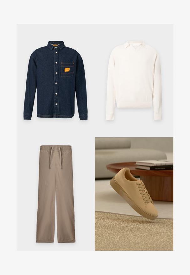 Weißer strukturierter Pullover mit V-Ausschnitt und Kragen. Mit gerippten Bündchen und Saum. Aus gestricktem Stoff gefertigt.; Dunkelblaue Denim-Hemd mit Button-Down-Kragen, orangefarbener Etikett auf der Brusttasche und weißen Knöpfen. Weiche Textur mit Kontrastnähte.; Hellbraune, lockere Hose mit einem elastischen Bund und Kordelzug; verfügt über seitliche Schlitze am Saum für zusätzliche Details.; Beiger geschnürter Sneaker, der über einem strukturierten Teppich mit Holzcouchtisch und gestapelten Büchern im verschwommenen Hintergrund schwebt.