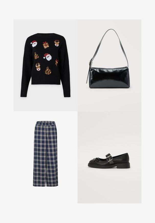 Zwarte trui met lange mouwen, versierd met feestelijke ontwerpen: Santa gezichten, cadeauboxen en versieringen in rode, groene, gouden en witte sequins.; Wijd uitlopende broek in een navyblauw ruitpatroon met witte en zwarte lijnen. Beschikt over een elastische tailleband en een zachte stofstructuur.; Zwarte leren Mary Jane-schoen met een ronde neus, enkelband en details met zilveren gesp. Heeft een platte, chunkyzool en een strikaccent.; Zwarte rechthoekige schoudertas met een enkele verstelbare band en een bovenste ritssluiting op een effen achtergrond.
