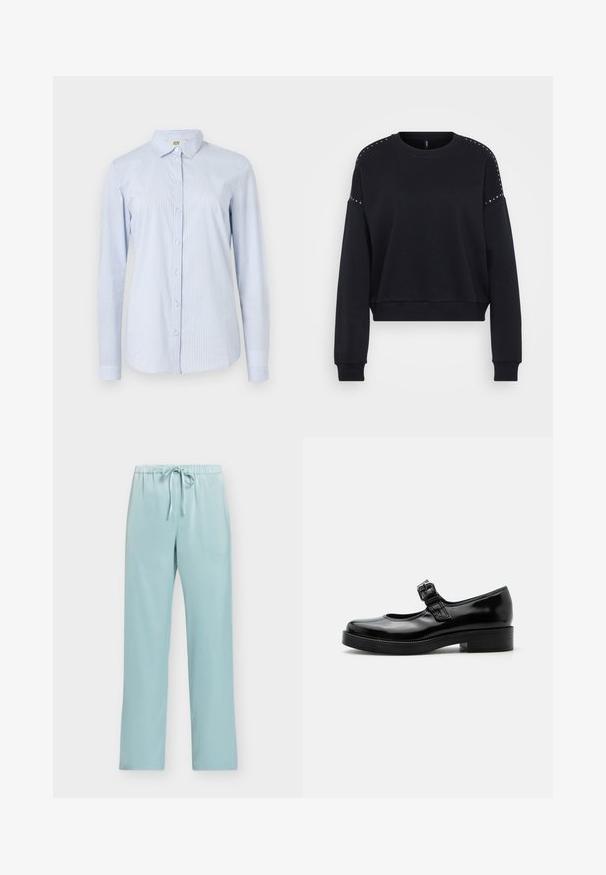 Sort cropped sweatshirts lavet af blød stof med lange ærmer, rund halsudskæring og nitter på skuldrene.; Blå og hvid stribet langærmet skjorte lavet af letvægtsbomuld. Den har en krave, knaplukning foran og en tætsiddende silhuet med manchetter på ærmerne.; Lyseblå elastiske bukser med snøre i taljen, lige ben og uden synlige lommer, vist på en ensfarvet baggrund.; Sort laklæder Mary Jane-sko med rund tå, lav blokhæl og justerbar spænde-rem over vristen.