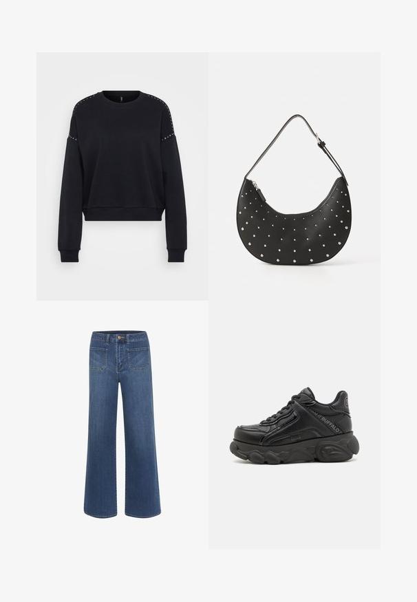 Sweatshirt noir court en tissu doux, doté de manches longues, d'un col rond et d'accents cloutés sur les épaules.; Jean à jambes larges en denim bleu foncé avec une texture lisse, doté d'une fermeture à boutons, de cinq poches et de coutures contrastantes.; Baskets plateformes épaisses noires avec semelle texturée, lacets à l'avant et détails de marque sur le côté et le talon.; Sac à main en cuir noir avec une forme arrondie, orné de clous en argent, doté d'une fermeture éclair et d'une seule sangle ajustable.