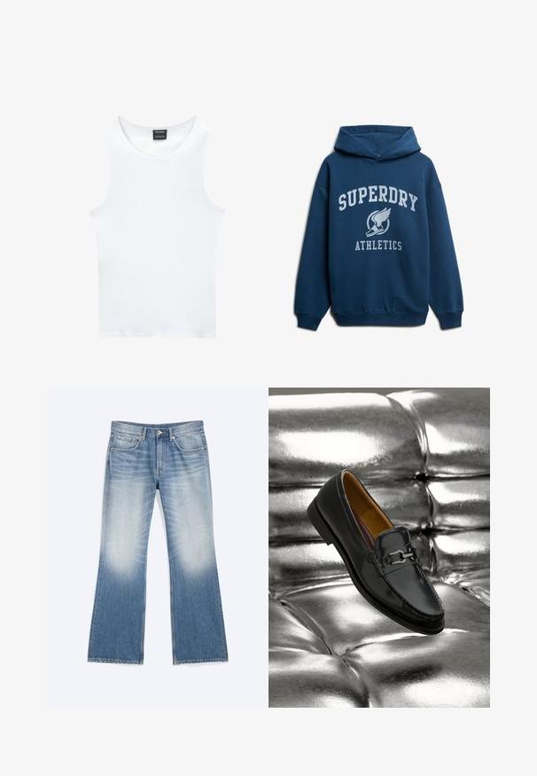 Marineblå hættetrøje lavet af bomuld, med et frontgrafik der læser "SUPERDRY ATHLETICS" med et vinget logo nedenunder.; Hvid ærmeløs tanktop lavet af ribbet bomuld. Har en rund halsudskæring og en glat tekstur. Etiketten siger "PULL&BEAR."; Blå falmede denimjeans med høj talje, fem lommer, knaplukning og en let flared bund.; Sort læderloafer med sølvfarvet metalspænde, der hviler på en skinnende sølvfarvet polstret læderoverflade.