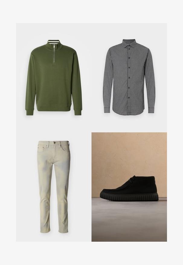 Grøn sweatshirt med kvart lynlås, lavet af glat stof, med høj krave og ribstrikkede ærmekanter. Enkel design med minimal detaljer.; Langærmet skjorte med sort/hvid tern, knappet krave, almindelig pasform og knaplukning foran. Tekstureret stof.; Slim-fit beige jeans med fem lommer, knaplukning og bæltestropper, vist fladt mod en hvid baggrund.; Sorte ankelstøvler lavet af blødt materiale, med rund tå, minimal snøring og en tekstureret gummisål med lodrette riller.