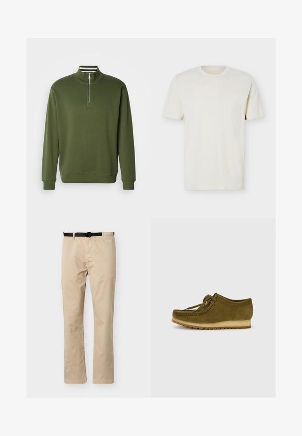 Grüner Pullover mit Viertel-Reißverschluss aus glattem Stoff, mit hohem Kragen und gerippten Bündchen. Einfaches Design mit minimalen Details.; Schlichtes, cremefarbenes T-Shirt mit kurzen Ärmeln und Rundhalsausschnitt, mit dezentem Logo auf der linken Brust, auf weißem Hintergrund liegend präsentiert.; Beige Hose mit geradem Bein, schwarzem verstellbarem Gürtel, elastischem Bund auf einer Seite und vorderen Nahtdetails.; Olivgrüner Wildlederschuh mit runder Zehenpartie, Schnürdesign und einer niedrigen, strukturierten Gummisohle. Minimale Nähte entlang des Randes.