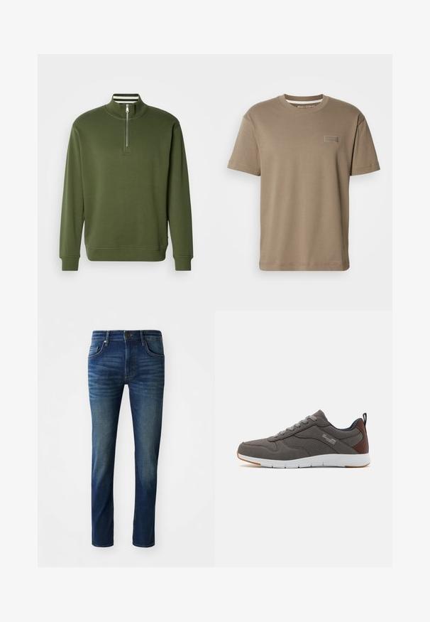 Grøn sweatshirt med kvart lynlås, lavet af glat stof, med høj krave og ribstrikkede ærmekanter. Enkel design med minimal detaljer.; Khaki kortærmet t-shirt lavet af bomuld, med en rund udskæring og et lille logo-patch foran. Glat tekstur, afslappet pasform.; Mørkeblå denim jeans med slim fit, har fem lommer, en frontlukning med knap og en subtil falmet tekstur på benene.; Grå sneakers med perforeret mesh og ruskind. Har brune detaljer og en hvid sål. Snørebåndsdesign med en løkke ved hælen.