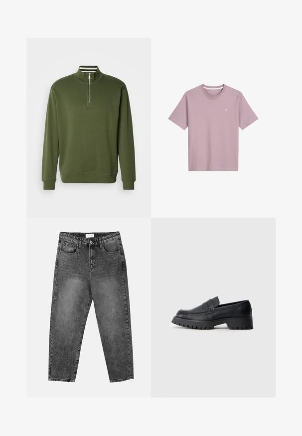 Groene trui met een kwart-ritssluiting, gemaakt van gladde stof, met een hoge kraag en geribbelde boorden. Simpel ontwerp met minimale details.; Lichtroze t-shirt met korte mouwen van zachte stof, voorzien van een ronde hals en een klein geborduurd logo op de borst.; Zwart gewassen rechte jeans met voor- en achterzakken, riemlussen en een knoopsluiting in de taille.; Zwarte leren instappers met een ronde neus, voorzien van een decoratieve riem en een stevige rubberen zool met diepe groeven voor grip.