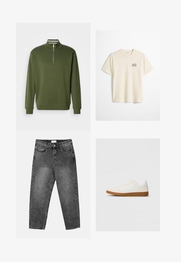 Grøn sweatshirt med kvart lynlås, lavet af glat stof, med høj krave og ribstrikkede ærmekanter. Enkel design med minimal detaljer.; Hvid kortærmet bomulds T-shirt med rund hals og lille sort sportslogo på venstre bryst med teksten "MOPD SPORTS MARC O'POLO DENIM."; Sorte vasket straight-leg jeans med for- og baglommer, bæltestropper og knaplukning i taljen.; Hvide sneakers med en ruskind tåspids, glat syntetisk overdel og tan gummisål. Har perforeringer på siderne for åndbarhed.