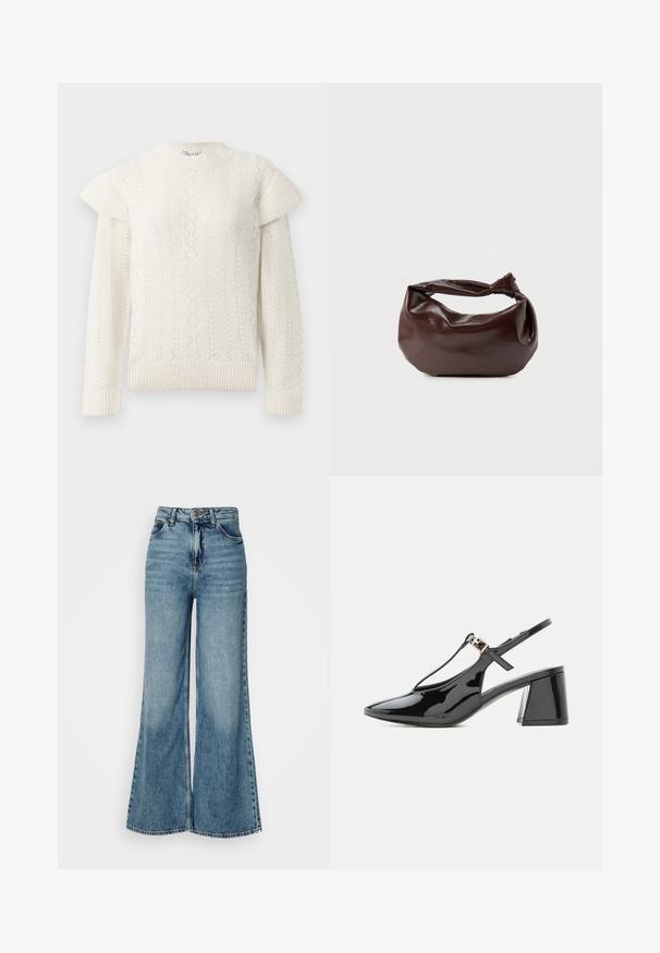 Pull en tricot blanc, à manches longues, avec des détails en volants sur les épaules, des poignets côtelés et un ourlet également côtelé.; Jean en denim taille haute, bleu clair, à jambes larges, avec poches avant et fermeture à bouton, présenté sur un fond blanc uni.; Chaussure slingback en cuir verni noir à petit talon, bout pointu et bride en T avec une petite boucle dorée.; Sac bandoulière en cuir marron foncé avec une forme souple et décontractée et une anse nouée torsadée sur un fond blanc uni.