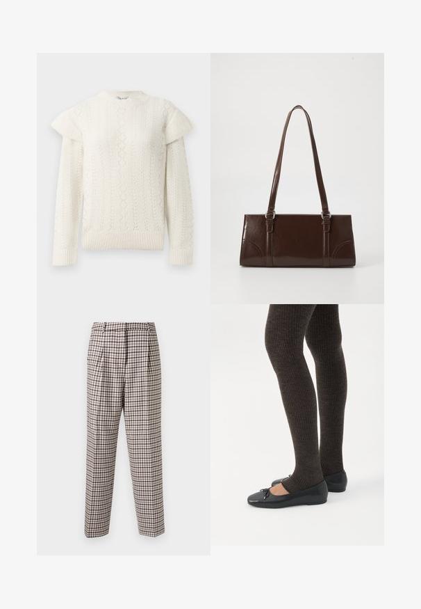 Hvid kabelstrikket sweater med lange ærmer og flæsedetaljer på skuldrene, ribbede manchetter og kant.; Tjekkede bukser med et brunt og hvidt rutenetmønster, plisseret front, lige snit og glat tekstur. Velegnet til forskellige anledninger.; Ben iført mørke ribbede leggings kombineret med sorte balletsko med små sløjfedetaljer på hvid baggrund.; Brun lakeret håndtaske med rektangulær form, to lange håndtag og subtile buede detaljer på fronten.