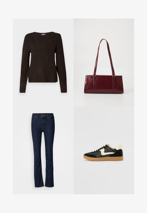 Langærmet mørkebrun V-hals strikket trøje med ribbede manchetter og kant, præsenteret på en ensfarvet hvid baggrund.; Mørkeblå denim jeans med lige ben-design, fem-lomme stil og lys syning. Linningen har en metal-knap lukning.; Sorte ruskinds- og lædersneakers med en cremefarvet side-swoosh og lys cremefarvet hæl. Har beige snørebånd og en gummirubber-sål.; Bordeaux håndtaske lavet af glansfuldt materiale, rektangulær form, med to skulderremme og subtile buede detaljer på forsiden.