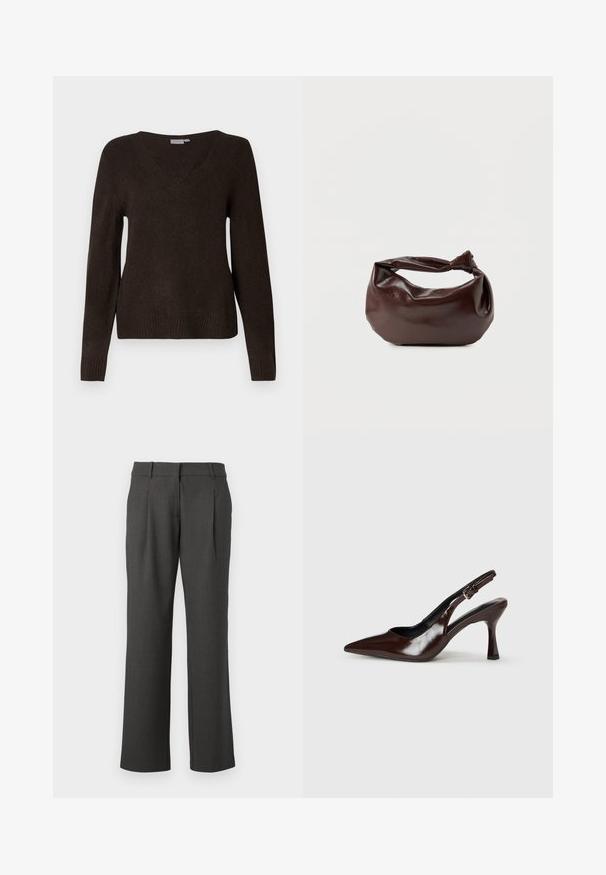 Un pull en tricot marron foncé à manches longues et col en V, avec des poignets et un ourlet côtelés, présenté sur un fond blanc uni.; Pantalons formels gris foncé avec des jambes droites, des passants de ceinture et des plis avant, présentés sur un fond blanc.; Talons slingback en cuir verni brun avec un bout pointu, un talon fin, et une sangle réglable avec une petite boucle.; Sac bandoulière en cuir marron foncé avec une forme souple et décontractée et une anse nouée torsadée sur un fond blanc uni.