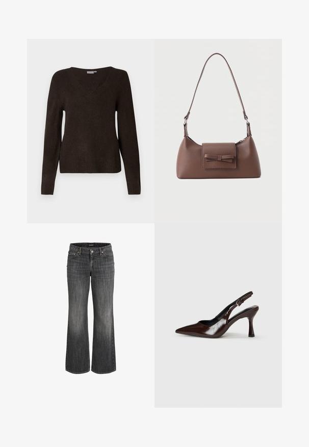 Dunkelbrauner V-Ausschnitt-Strickpullover mit langen Ärmeln, gerippten Bündchen und Saum, präsentiert vor einem schlichten weißen Hintergrund.; Schwarze, verwaschene Straight-Leg-Jeans aus Denim mit Frontknopf, Gürtelschlaufen und Fünf-Taschen-Design.; Braune lackleder Slingback-Absätze mit spitzem Zehen, einem dünnen Absatz und einem verstellbaren Riemen mit einer kleinen Schnalle.; Braune Leder-Umhängetasche mit einer vorderen Klappentasche, die ein gestepptes Schleifendetail und einen verstellbaren Riemen aufweist.