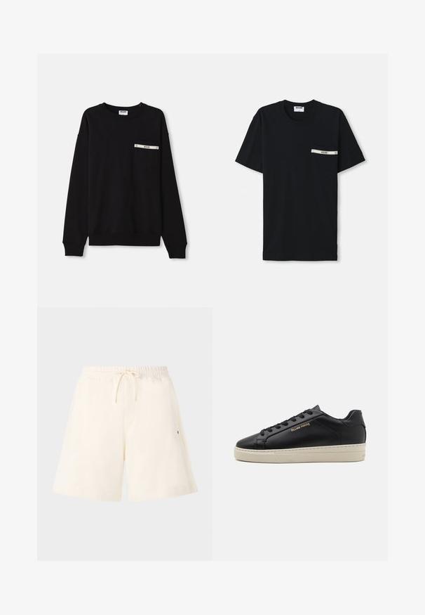 Sweatshirt noir à manches longues, avec des poignets à côtes, un col rond et une poche avant ornée d'un accent argenté et d'un logo.; T-shirt en coton noir à manches courtes, col rond, avec une poche gauche ornée d'une bande blanche et d'un détail logo.; Shorts couleur crème en tissu doux, dotés d'une taille élastique avec cordon de serrage, de poches latérales et d'une coupe décontractée.; Sneaker en cuir noir avec une finition lisse, semelle crème contrastante, bout arrondi, logo doré sur le côté et six œillets pour les lacets.