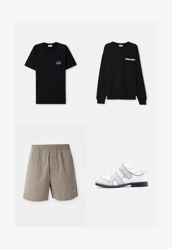 Sort sweatshirt med lange ærmer, ribbede manchetter, rund halsudskæring og en frontlomme med sølvdetalje og logo.; Sort bomulds t-shirt med rund halsudskæring. Har et lille hvidt grafisk design på brystet. Korte ærmer og lige kant.; Brune ternede shorts med elastisk talje, sidelommer og en lille logo-detail nær kanten. Letvægtsstof.; Hvid læder- og grå ruskindssko med sort sål og en enkelt bred velcrolukning på siden.
