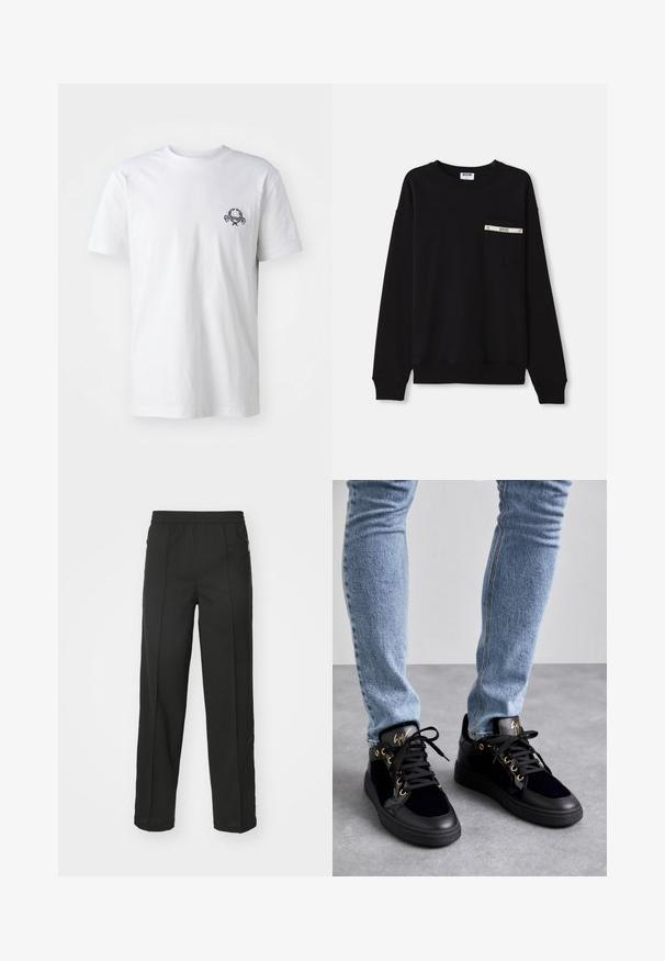 Sweatshirt noir à manches longues, avec des poignets à côtes, un col rond et une poche avant ornée d'un accent argenté et d'un logo.; T-shirt en coton blanc avec un petit motif brodé noir sur la poitrine ; manches courtes et style col rond classique.; Pantalons noirs en tissu extensible, à coupe droite, avec poches zippées sur les côtés et texture lisse sans motifs visibles.; Giuseppe Zanotti Baskets basses - navy