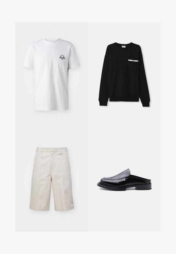 Sweatshirt noir à manches longues, avec des poignets à côtes, un col rond et une poche avant ornée d'un accent argenté et d'un logo.; T-shirt en coton blanc avec un petit motif brodé noir sur la poitrine ; manches courtes et style col rond classique.; Shorts en coton beige avec une coupe droite, longueur genoux, dotés de deux poches frontales et de plis subtils pour une texture supplémentaire.; Mocassin à enfiler en cuir verni noir, bout carré, talon plat, avec une plaque métallique "Moschino Milano" sur le côté.